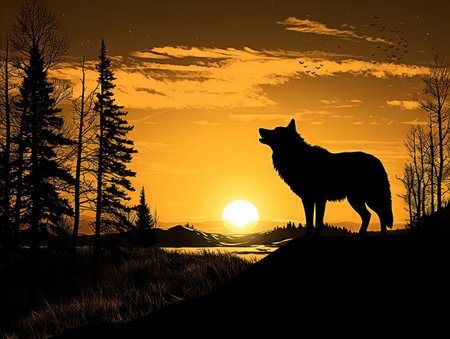 Silhouetted wolf hunting at sunriseの素材