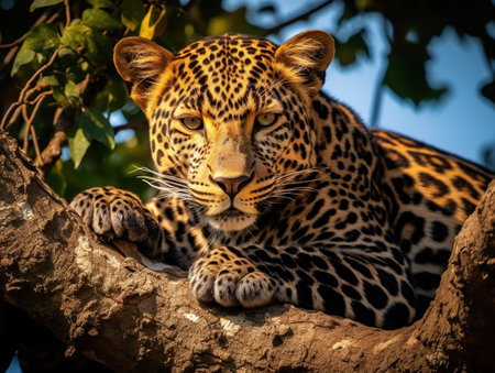 Sri Lankan leopard  Panthera pardus kotiya  Big spotted cat lying on the tree in the nature habitat  Yala national park  Sri Lankaの素材