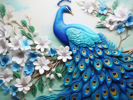 3d mural background blue peacock on branch wallpaper . with flowersの素材