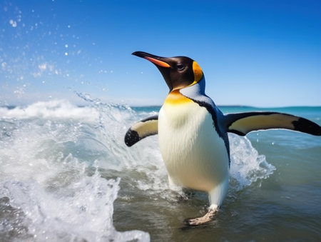 Big King penguin going to blue water  Atlantic ocean in Falkland Island  coast sea bird in the nature habitatの素材