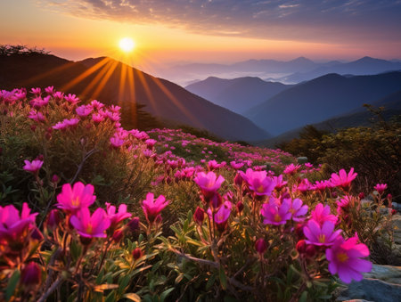 Beautiful pink flowers on mountains at sunset  Hwangmaesan mountain inの素材