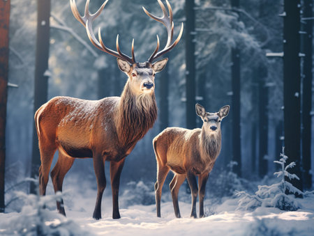 And Son:Two Generations Of Noble Deer Stag. Two Red Deer Cervus Elaphus Stand Next The Winter Forestの素材