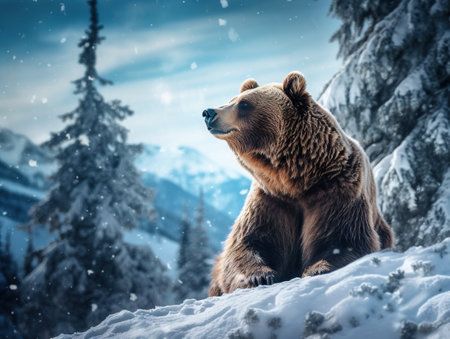 Alone brown bear and snow in a winter forest mountain. Nature and wildlife concept with empty copy spaceの素材