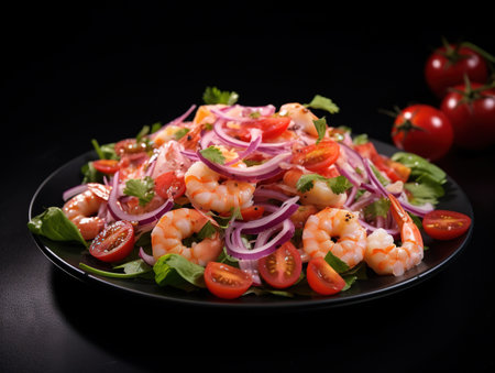 Salad with shrimps, tomatoes and onions on black backgroundの素材