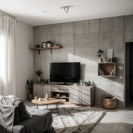 Living room interior have cabinet for tv and gray armchair in cement room with concrete wallingの素材