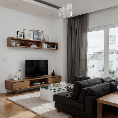 Modern living room with computer desk and the screen sofa and table with white carpet on dark brown wooden floorの素材
