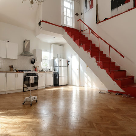 Room in renovation in elegant apartment for reloion with paint bucketの素材