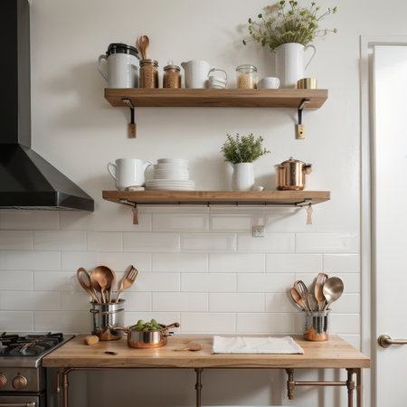 Kitchen brass utensils chef accessories Hanging copper kitchen with white tiles wallの素材