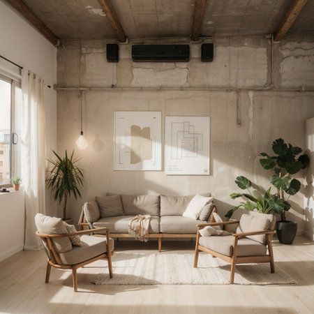 Contemporary nomadic home interior background in warm beige tonesの素材