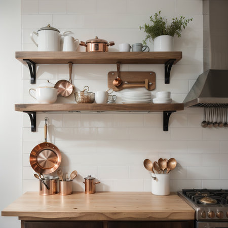 Kitchen brass utensils chef accessories Hanging copper kitchen with white tiles wallの素材