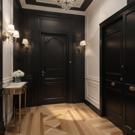 Modern classic black empty interior with wall panels open door and wooden floor illustration mock upの素材