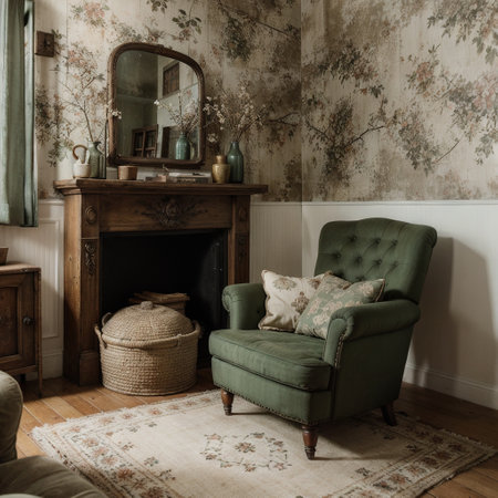 Vintage room with wallpaper and old fashioned armchair Rustic interior designの素材