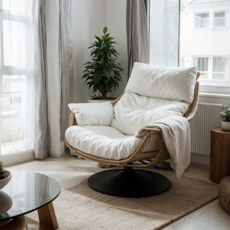 at home on modern chair near window relaxing in living roomの素材