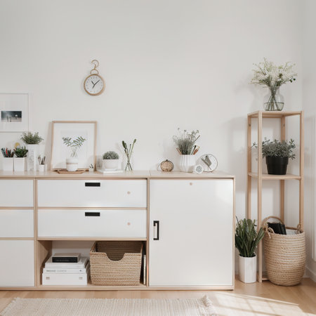 Modern home office cabinet interior design concept White storage shelves rack with boxes eucalyptus decorationsの素材