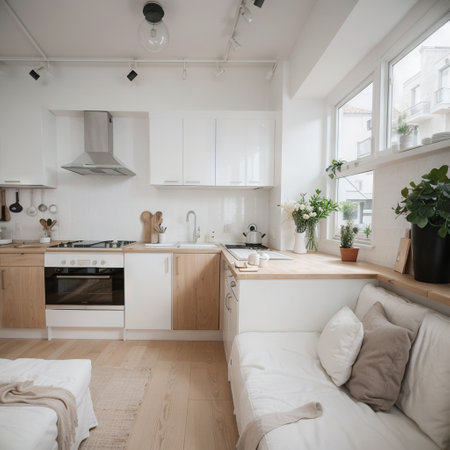 white kitchen room interior with furniture Scandinavian interiorの素材