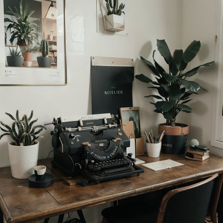 Typewriter and stack of papers on dark table in room Writer's workplaceの素材