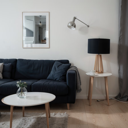 Poster frame mock up in modern living room interior background with dark blue armchair and gray wall minimalistic scandinavian stの素材