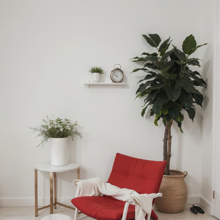Minimalist interior in white and green with red armchair a plant painting on the wall and shelves with a clockの素材