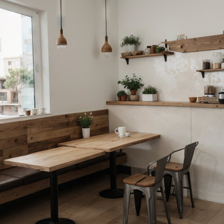 Seat and wooden counter with coffee equipment and wooden shelf on rough cement wall design for cafe or homeの素材
