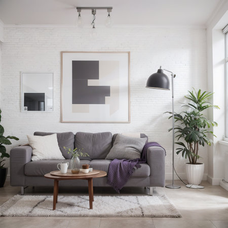 modern brick wall interior purple pillow and lamp decorの素材