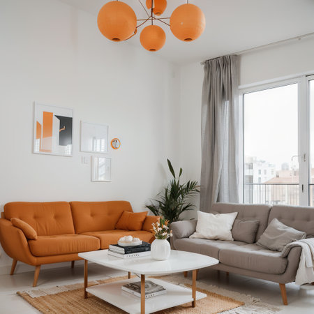 Copy space on empty white wall of fashionable living room interior with grey and orange designの素材