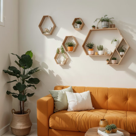 Stylish sofa honeycomb shaped shelves with decorative elements and houseplants in roomの素材
