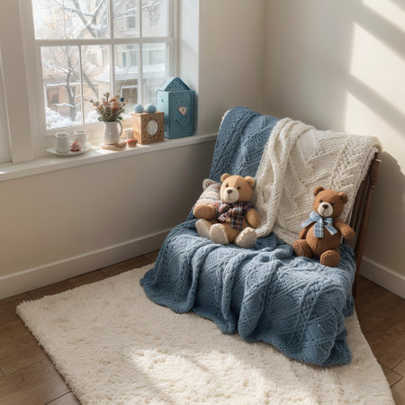 Cozy holidays at home Cute little lying under blue knitted blanket with teddy bear on floor at window reading book Winter seasonの素材