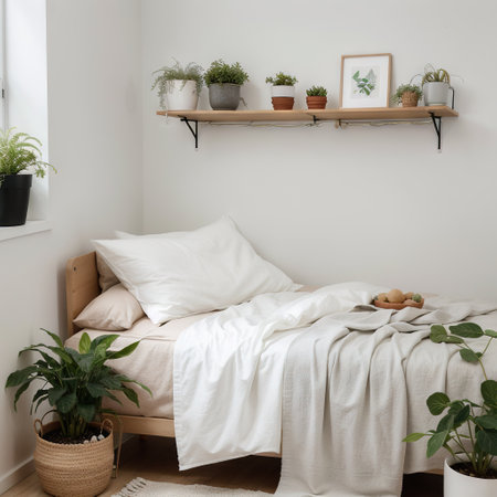 Domestic textile bed linen neatly placed cupboard shelves minimalism Nordic storage method closet organization Decorative pottedの素材