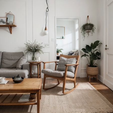 Scandinavian living room interior with design grey sofa wooden coffee table plants shelf mirror furniture plaid pillow teapの素材