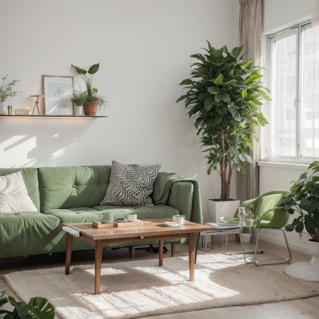 Modern living room interior with workplace near green wallの素材