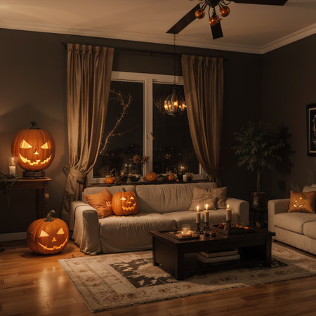 Halloween party in living room decorations with lanterns and pumpkins jack o lantern modern classic style Halloween 2018の素材