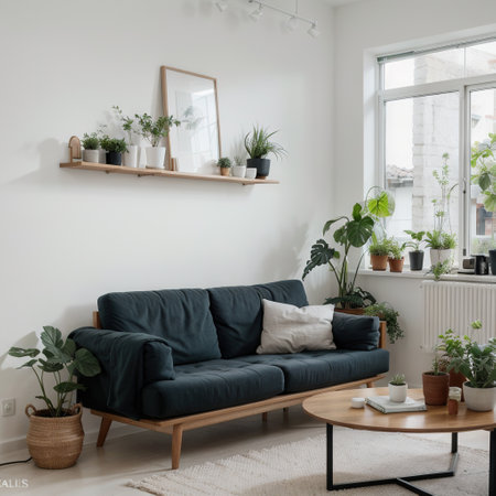 Living room with sofa small shelf and plantsminimal design ingの素材