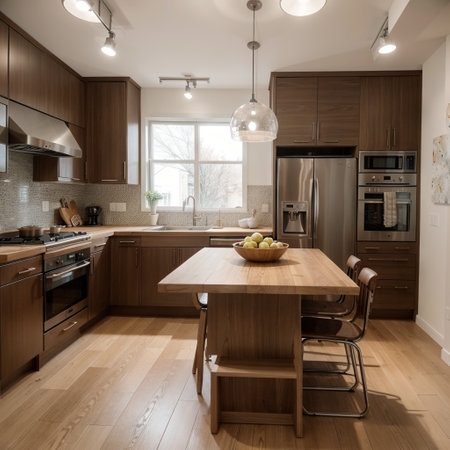 Horizontal view of modern furniture in luxury kitchenの素材