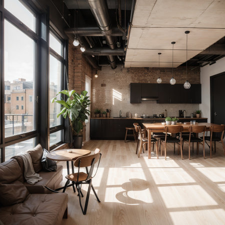 ing Dining room with high ceiling of iron beams Large table in the central part with brown armchairs White brick wall and parqueの素材
