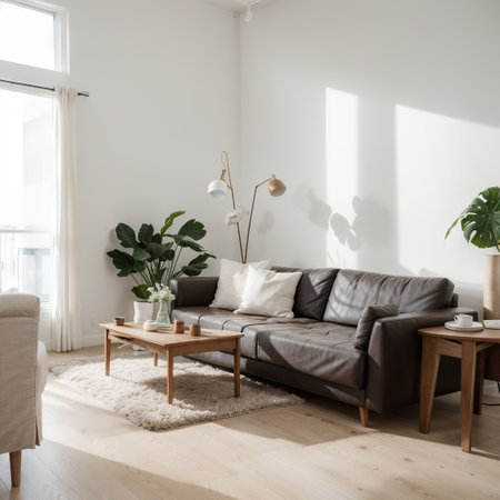 Interior living room wall mockup with sofa chair side table and hanging lights on white wall background with wooden flooringの素材