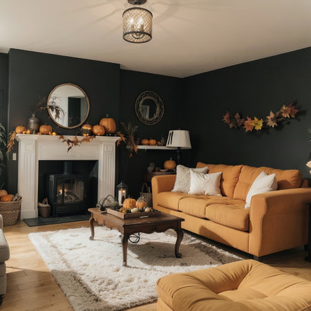 Interior of beautiful living room with sofa and autumn decorの素材