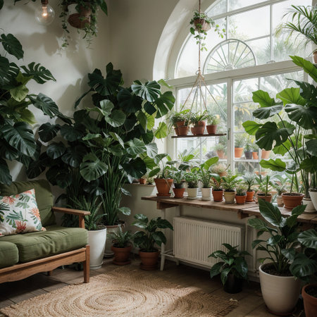 Home garden in retro style Scandinavian interior design of winter indoor garden with houseplants Old house orangery with pottedの素材