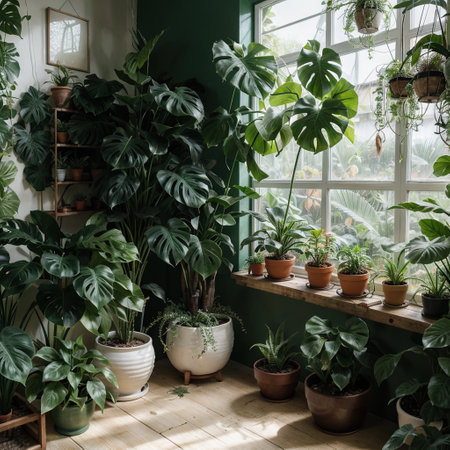Home garden in retro style Scandinavian interior design of winter indoor garden with houseplants Old house orangery with pottedの素材