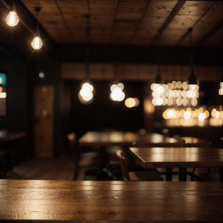 Empty wooden table top with lights bokeh on blur restaurant backgroundの素材