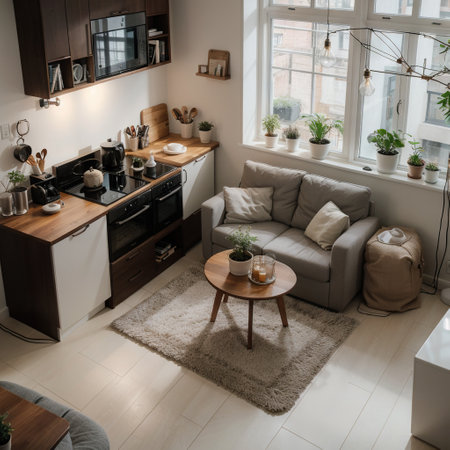 Studio room interior with kitchen top view Sofa armchair and coffee table countertop with sink dinner table with electric ovenの素材