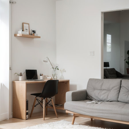 Modern room home office interior Room with sofa desk chair small table and other furnitureの素材