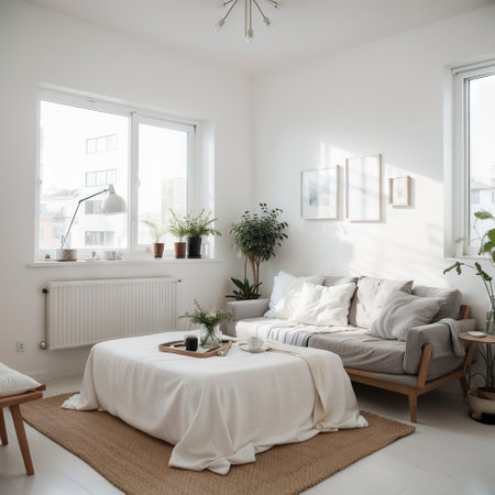 Stylish empty room in white color with summer landscape in window Scandinavian interior designの素材