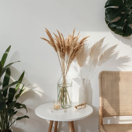 Aesthetic minimal office workspace interior design Pampas grass floral bouquet on white table against white wall Shadows on theの素材