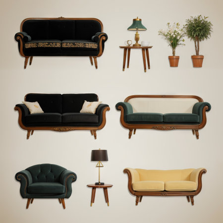 Set of icons for living room set of vintage interior design elements drawn doodle styleの素材