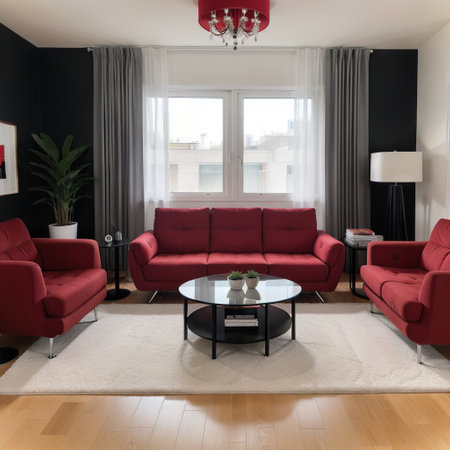 Interior of modern living room with black armchairs and red carpetの素材