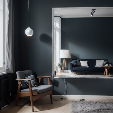 Poster frame mock up in modern living room interior background with dark blue armchair and gray wall minimalistic scandinavian stの素材