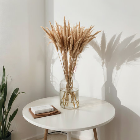 Aesthetic minimal office workspace interior design Pampas grass floral bouquet on white table against white wall Shadows on theの素材