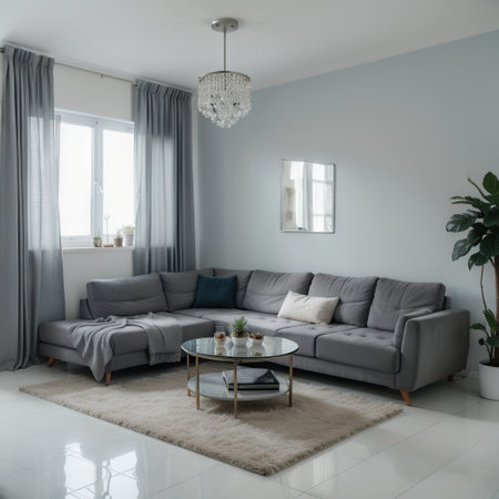 Beautiful living room interior with comfortable gray sofaの素材