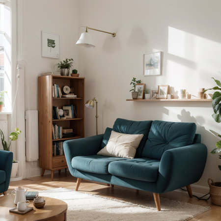 Cozy living room interior with an armchair a bookcase and a blue window Cartoon illustrationの素材