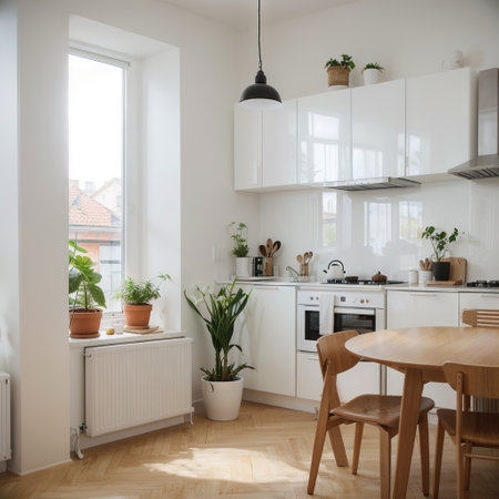 Kitchen with light walls white furniture and shelves with crockery and plants in pots small refrigerator in dining room scandinaの素材